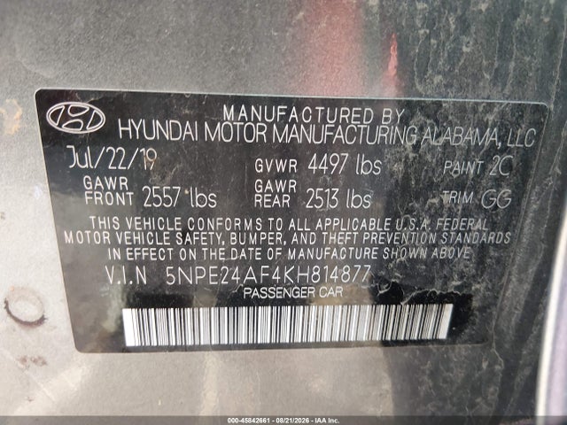 45842661 :رقم المزاد ، 5NPE24AF4KH814877 vin ، 2019 Hyundai Sonata Se مزاد بيع
