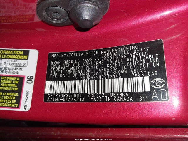 45842664 :رقم المزاد ، 2T1BURHE2HC912146 vin ، 2017 Toyota Corolla Le مزاد بيع