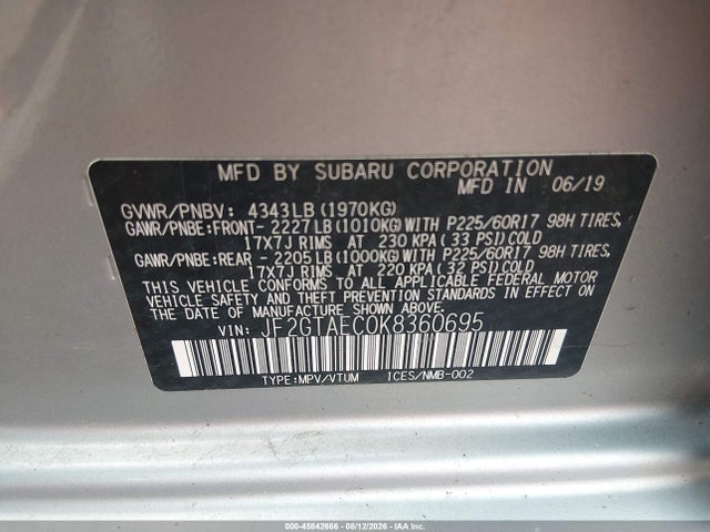Aukcja sprzedaży 2019 Subaru Crosstrek 2.0i Premium, vin: JF2GTAEC0K8360695, numer aukcji: 45842666