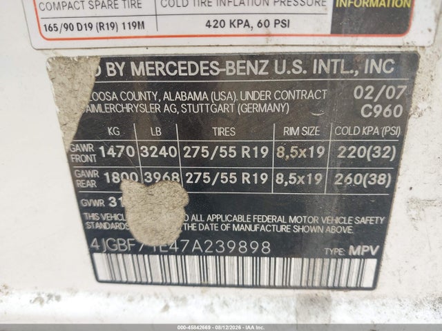 2007 Mercedes-benz Gl 450 4matic მანქანა იყიდება აუქციონზე, vin: 4JGBF71E47A239898, აუქციონის ნომერი: 45842669