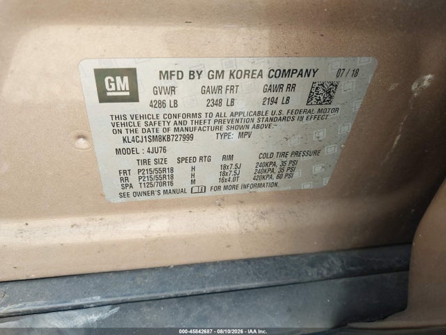 Продаж на аукціоні авто 2019 Buick Encore Fwd Sport Touring, vin: KL4CJ1SM8KB727999, номер лоту: 45842687