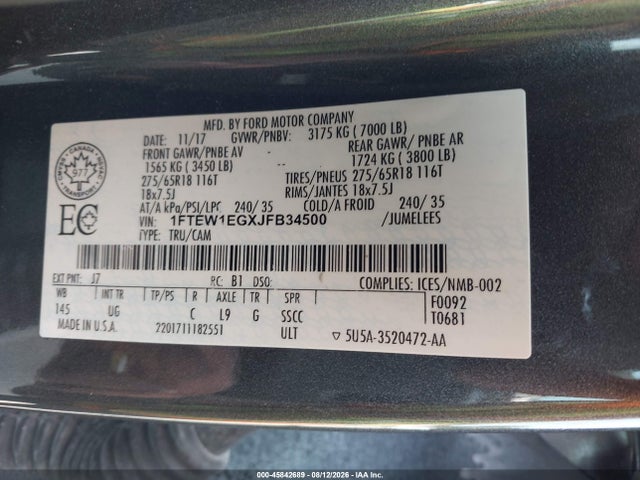 Продаж на аукціоні авто 2018 Ford F-150 Xlt, vin: 1FTEW1EGXJFB34500, номер лоту: 45842689