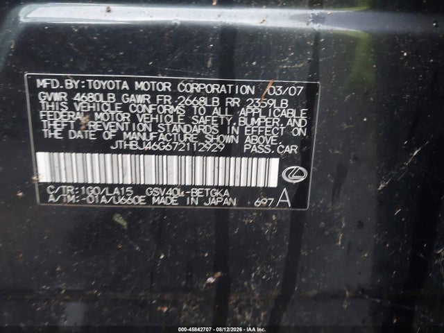 45842707 :رقم المزاد ، JTHBJ46G672112929 vin ، 2007 Lexus Es 350 مزاد بيع