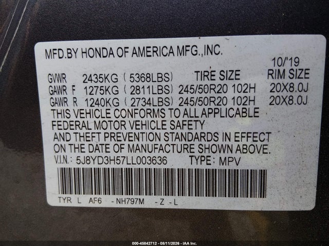 Auction sale of the 2020 Acura Mdx Technology Package, vin: 5J8YD3H57LL003636, lot number: 45842712