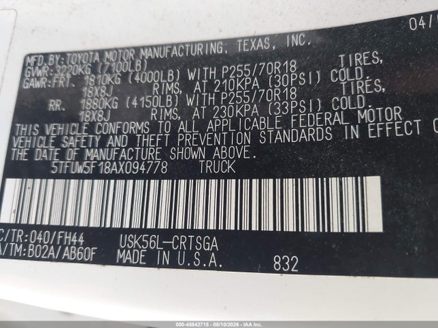 Aukcja sprzedaży 2010 Toyota Tundra Grade 5.7l V8, vin: 5TFUW5F18AX094778, numer aukcji: 45842715