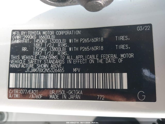 45842719 :رقم المزاد ، JTJAM7BX2N5326465 vin ، 2022 Lexus Gx 460 Premium مزاد بيع