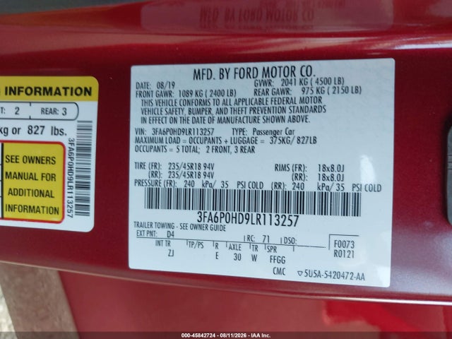 Ford FUSION SE 2020 3FA6P0HD9LR113257 Image 9