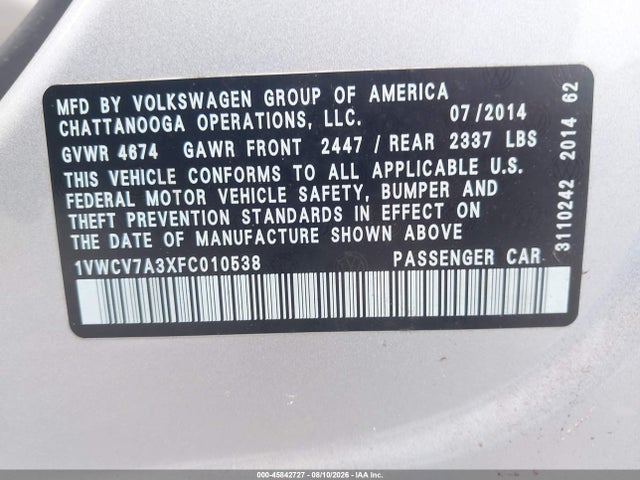 2015 Volkswagen Passat 2.0l Tdi Sel Premium მანქანა იყიდება აუქციონზე, vin: 1VWCV7A3XFC010538, აუქციონის ნომერი: 45842727