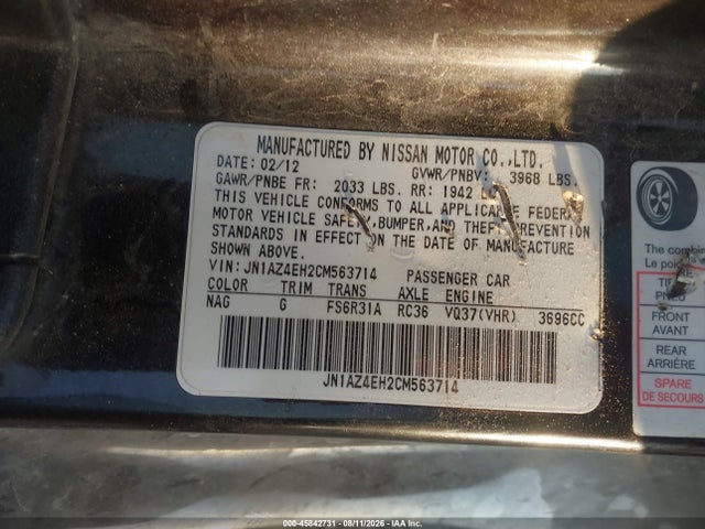 Продажа на аукционе авто 2012 Nissan 370z Touring, vin: JN1AZ4EH2CM563714, номер лота: 45842731