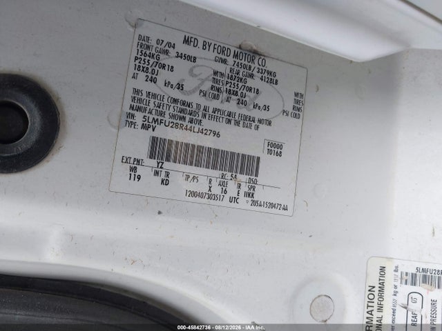 2004 Lincoln Navigator მანქანა იყიდება აუქციონზე, vin: 5LMFU28R44LJ42796, აუქციონის ნომერი: 45842736
