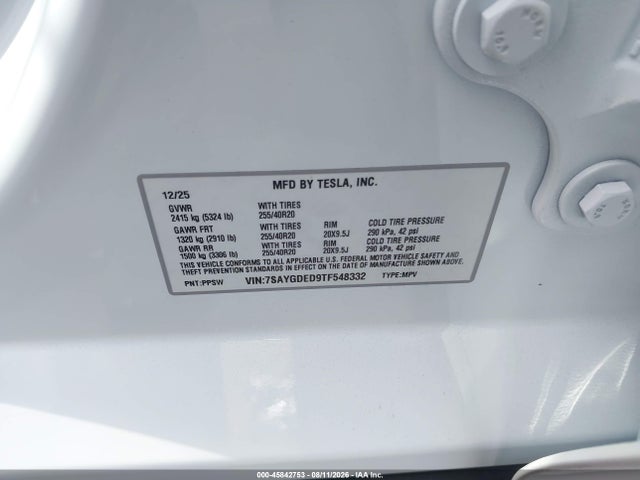 2026 Tesla Model Y Premium Rear-wheel Drive/rear-wheel Drive მანქანა იყიდება აუქციონზე, vin: 7SAYGDED9TF548332, აუქციონის ნომერი: 45842753