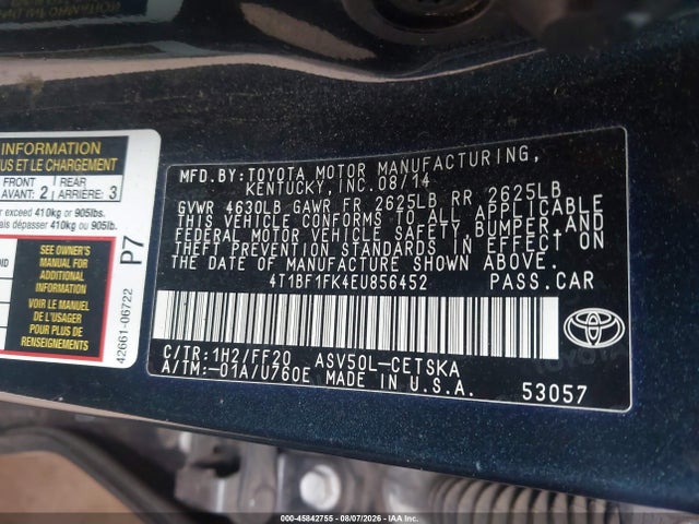 Продажа на аукционе авто 2014 Toyota Camry Se, vin: 4T1BF1FK4EU856452, номер лота: 45842755