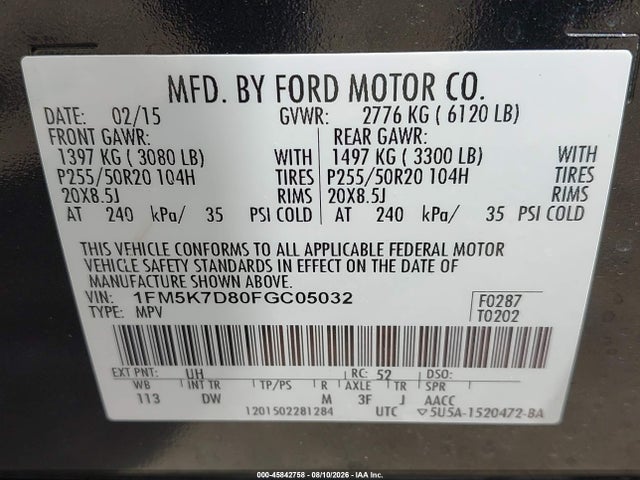 Ford EXPLORER XLT 2015 1FM5K7D80FGC05032 Image 9