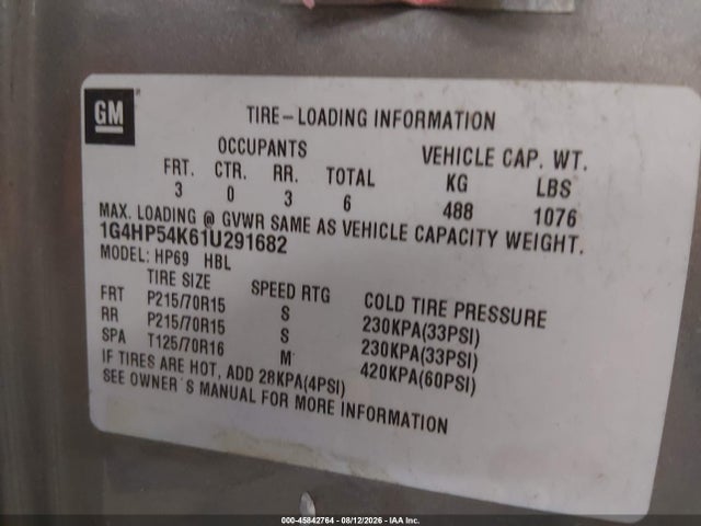 45842764 :رقم المزاد ، 1G4HP54K61U291682 vin ، 2001 Buick Lesabre Custom مزاد بيع