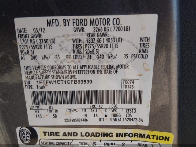 45842771 :رقم المزاد ، 1FTFW1ET1CFB83539 vin ، 2012 Ford F-150 Fx4 مزاد بيع