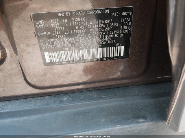 Aukcja sprzedaży 2019 Subaru Outback 2.5i Premium, vin: 4S4BSAFC7K3378582, numer aukcji: 45842775