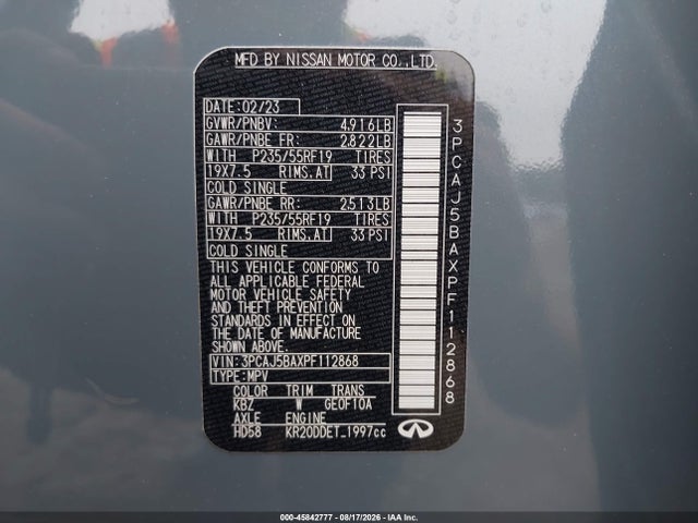 Продажа на аукционе авто 2023 Infiniti Qx50 Luxe, vin: 3PCAJ5BAXPF112868, номер лота: 45842777
