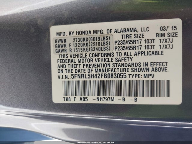 Honda ODYSSEY EX 2015 5FNRL5H42FB083055 Image 9