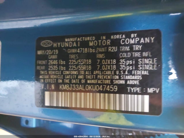 45842804 :رقم المزاد ، KM8J33AL0KU047459 vin ، 2019 Hyundai Tucson Sel مزاد بيع