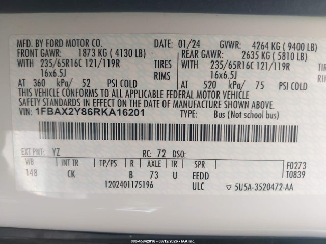 2024 Ford Transit-350 Passenger Van Xlt მანქანა იყიდება აუქციონზე, vin: 1FBAX2Y86RKA16201, აუქციონის ნომერი: 45842816