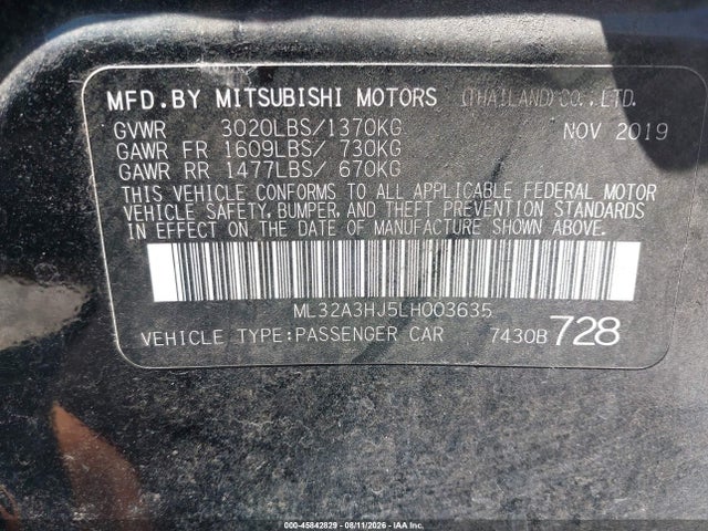 Auction sale of the 2020 Mitsubishi Mirage Es, vin: ML32A3HJ5LH003635, lot number: 45842829