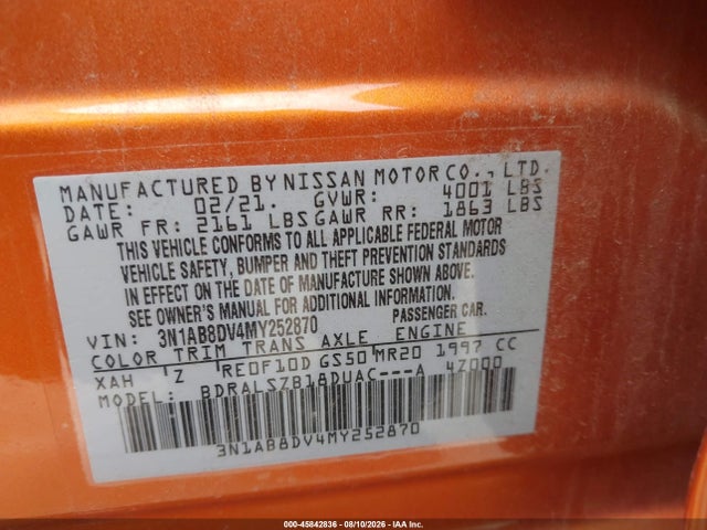 Aukcja sprzedaży 2021 Nissan Sentra Sr Xtronic Cvt, vin: 3N1AB8DV4MY252870, numer aukcji: 45842836
