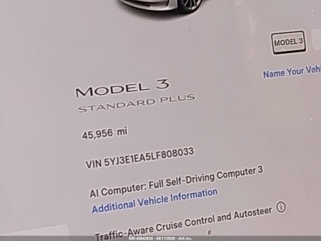 Aukcja sprzedaży 2020 Tesla Model 3 Standard Range Plus Rear-wheel Drive/standard Range Rear-wheel Drive, vin: 5YJ3E1EA5LF808033, numer aukcji: 45842838