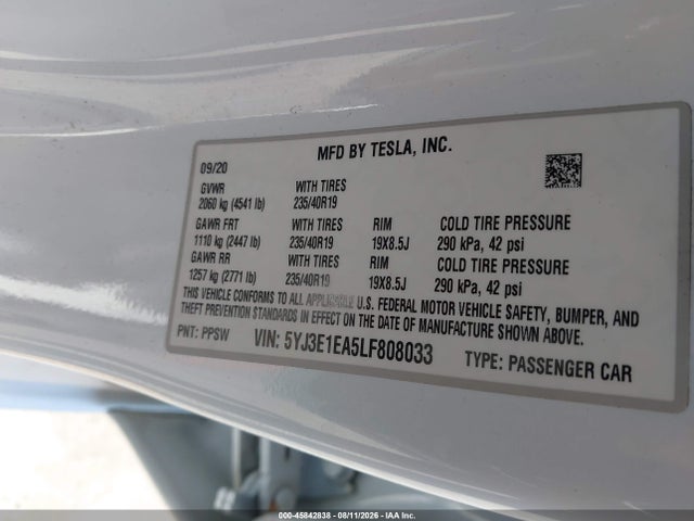 Aukcja sprzedaży 2020 Tesla Model 3 Standard Range Plus Rear-wheel Drive/standard Range Rear-wheel Drive, vin: 5YJ3E1EA5LF808033, numer aukcji: 45842838