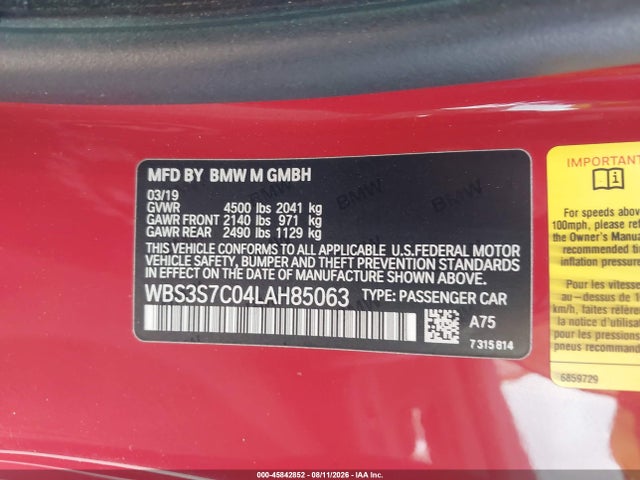 Aukcja sprzedaży 2020 Bmw M4 Cs, vin: WBS3S7C04LAH85063, numer aukcji: 45842852