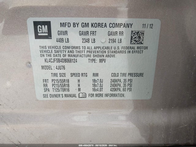 2013 Buick Encore Convenience მანქანა იყიდება აუქციონზე, vin: KL4CJFSB4DB068124, აუქციონის ნომერი: 45842870
