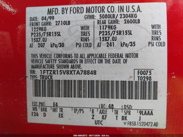 Продажа на аукционе авто 1999 Ford Ranger Xl/xlt, vin: 1FTZR15V8XTA78848, номер лота: 45842872