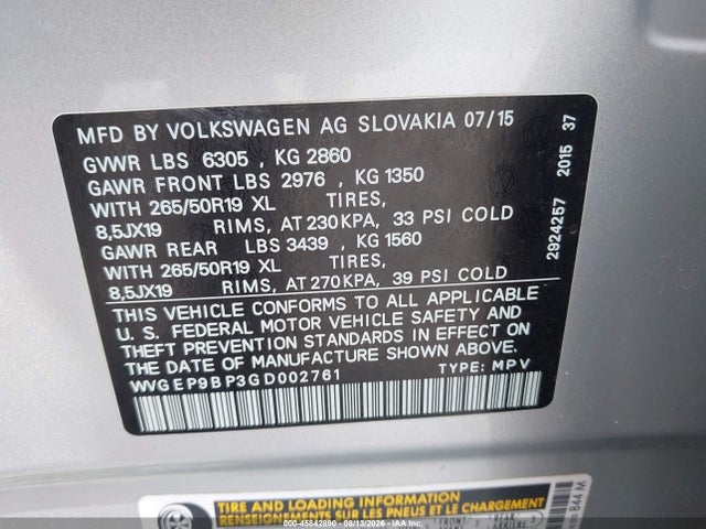 45842890 :رقم المزاد ، WVGEP9BP3GD002761 vin ، 2016 Volkswagen Touareg Tdi Lux مزاد بيع