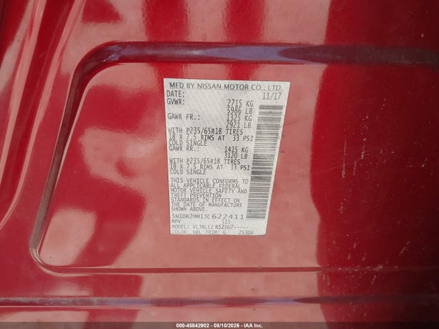 45842902 :رقم المزاد ، 5N1DR2MM1JC622411 vin ، 2018 Nissan Pathfinder Sv مزاد بيع