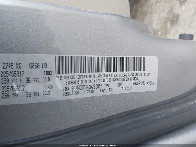 2019 Dodge Grand Caravan Sxt მანქანა იყიდება აუქციონზე, vin: 2C4RDGCG4KR735957, აუქციონის ნომერი: 45842905