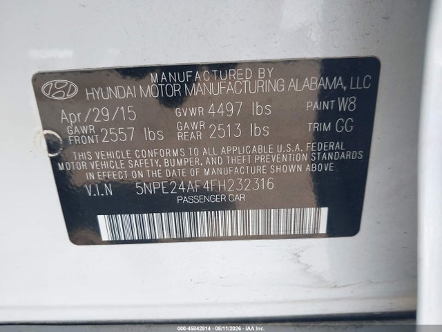 2015 Hyundai Sonata Se მანქანა იყიდება აუქციონზე, vin: 5NPE24AF4FH232316, აუქციონის ნომერი: 45842914