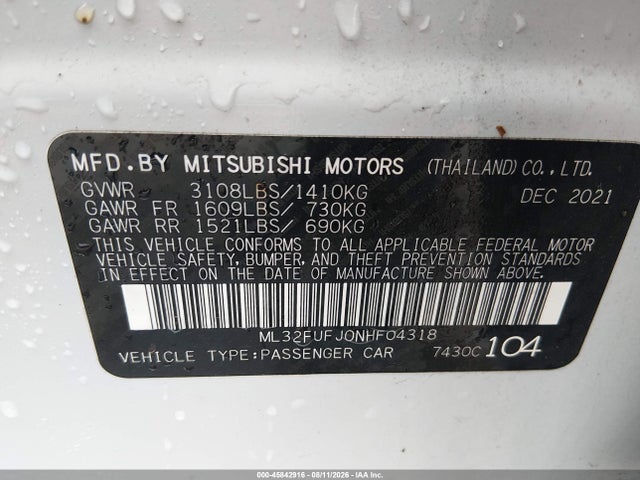 2022 Mitsubishi Mirage G4 Black Edition/es/le მანქანა იყიდება აუქციონზე, vin: ML32FUFJ0NHF04318, აუქციონის ნომერი: 45842916