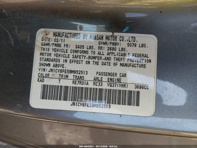 Aukcja sprzedaży 2011 Infiniti G37, vin: JN1CV6FE5BM952513, numer aukcji: 45842921