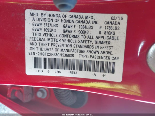 Продажа на аукционе авто 2016 Honda Civic Lx, vin: 2HGFC2F53GH536836, номер лота: 45842947
