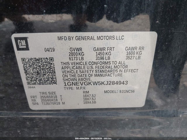 Aukcja sprzedaży 2019 Chevrolet Traverse 1lt, vin: 1GNEVGKW5KJ284943, numer aukcji: 45842954