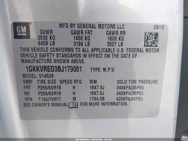 45842962 :رقم المزاد ، 1GKKVRED3BJ179081 vin ، 2011 Gmc Acadia Slt-1 مزاد بيع
