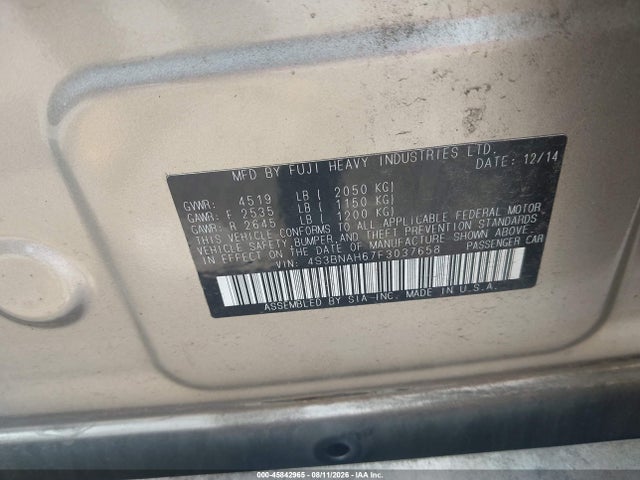 2015 Subaru Legacy 2.5i Premium მანქანა იყიდება აუქციონზე, vin: 4S3BNAH67F3037658, აუქციონის ნომერი: 45842965