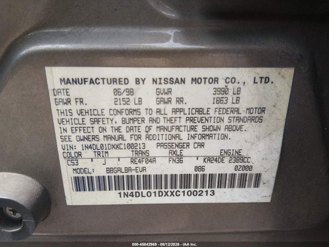 Продаж на аукціоні авто 1999 Nissan Altima Gle/gxe/se/se-l/xe, vin: 1N4DL01DXXC100213, номер лоту: 45842969