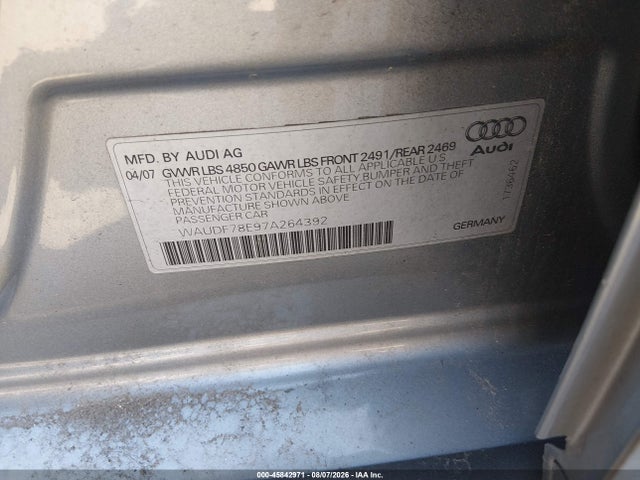 Продаж на аукціоні авто 2007 Audi A4 2.0t, vin: WAUDF78E97A264392, номер лоту: 45842971