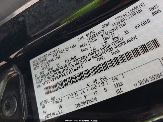 Aukcja sprzedaży 2020 Ford F-150 Xlt, vin: 1FTEW1EPXLFB14413, numer aukcji: 45843004