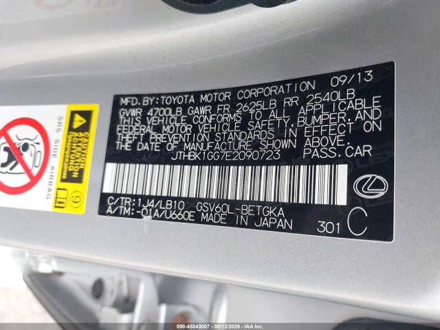 Aukcja sprzedaży 2014 Lexus Es 350, vin: JTHBK1GG7E2090723, numer aukcji: 45843007