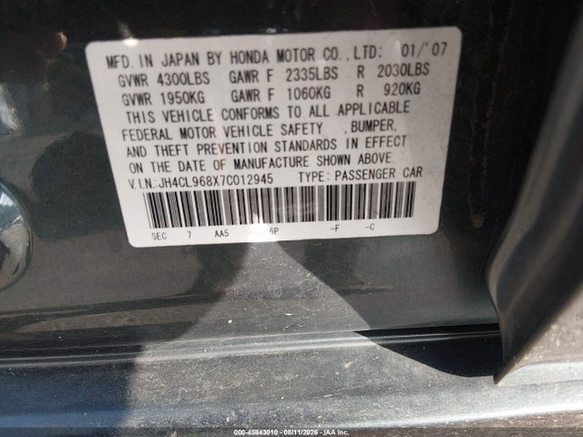2007 Acura Tsx მანქანა იყიდება აუქციონზე, vin: JH4CL968X7C012945, აუქციონის ნომერი: 45843010