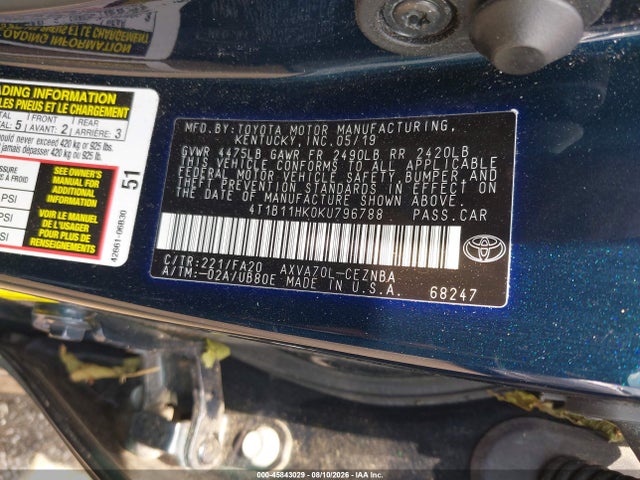 Продаж на аукціоні авто 2019 Toyota Camry Le, vin: 4T1B11HK0KU796788, номер лоту: 45843029