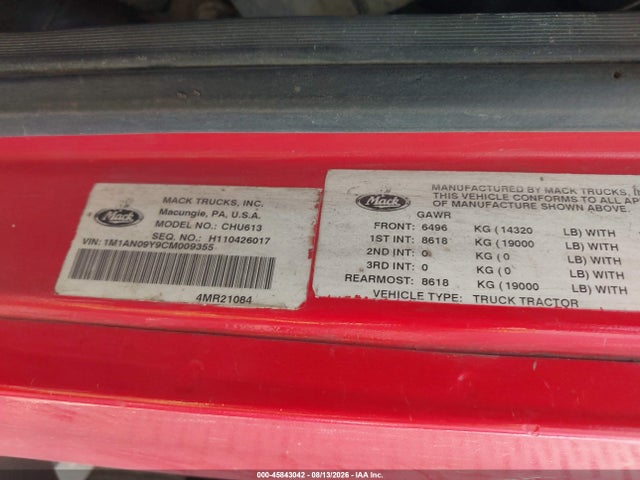 Продажа на аукционе авто 2012 Mack 600 Chu600, vin: 1M1AN09Y9CM009355, номер лота: 45843042