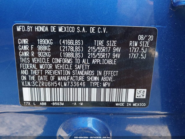 3CZRU6H54LM733646 Honda Hr-v Awd Ex