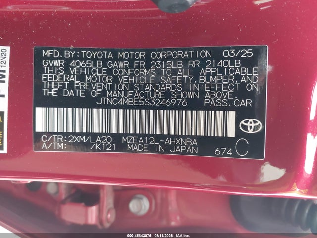 Aukcja sprzedaży 2025 Toyota Corolla Xse, vin: JTNC4MBE5S3246976, numer aukcji: 45843076